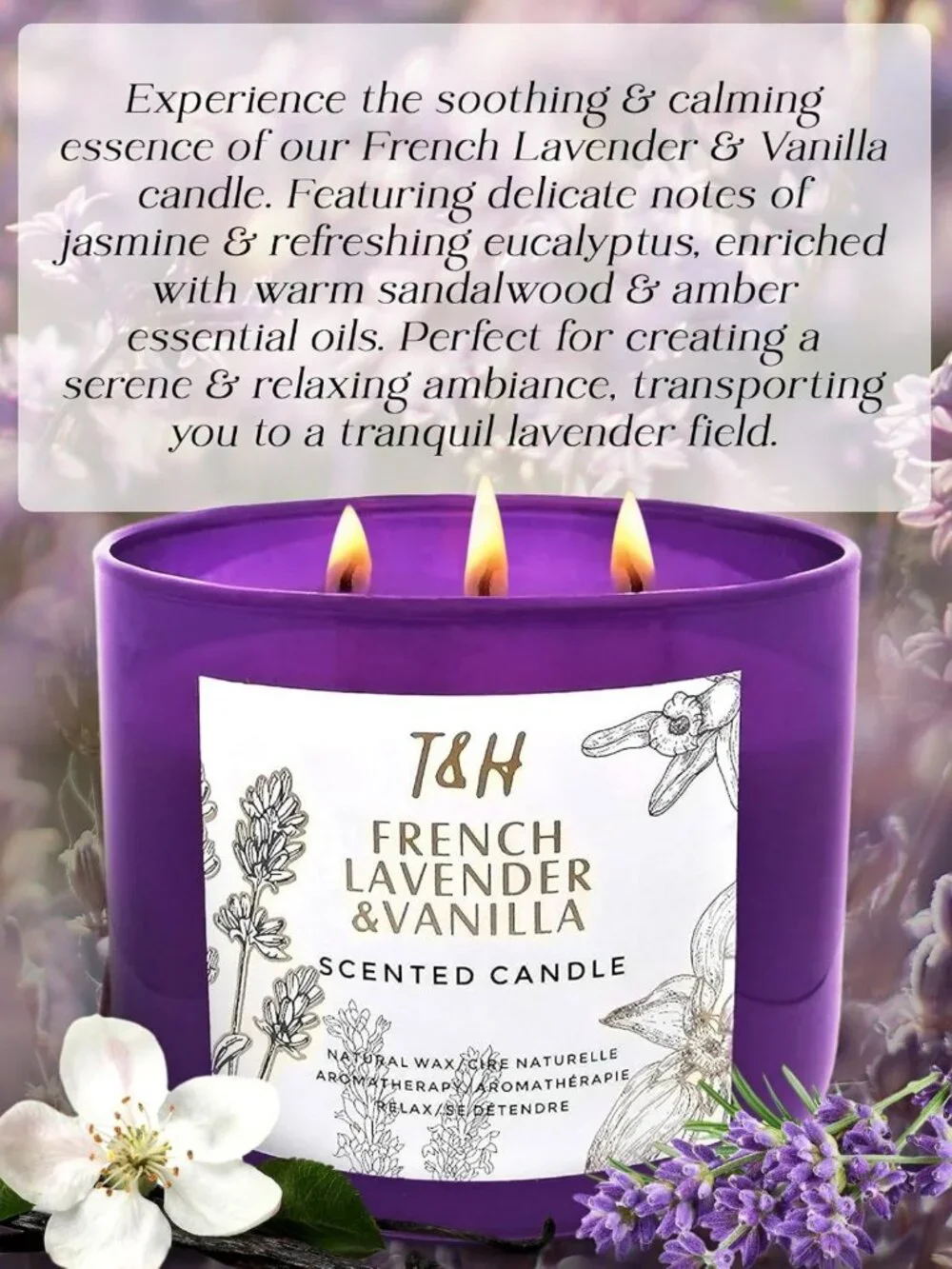Large 3-Wick French Lavender Vanilla Soy Candle | Relaxing Aromatherapy Gift